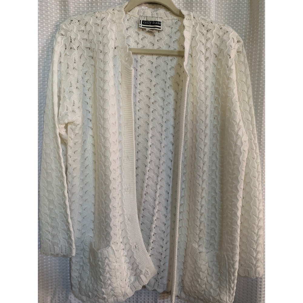 Carly Blake Womens White Pointelle Knit Button Front Cardigan Sweater Medium USA